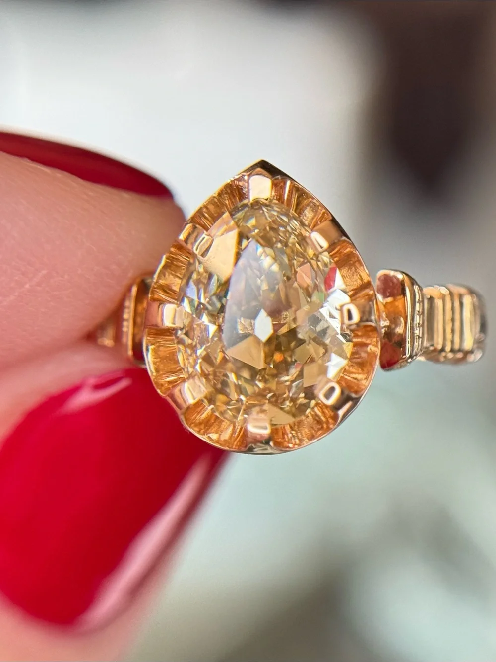 2.14 carat GIA Fancy Yellow-Brown Antique Cut Pear Natural Diamond Ring